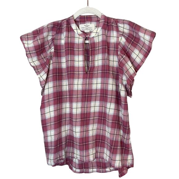Trovata Birds of Paradis Brett Canyon Plaid Flutter Sleeve Blouse Top Red White - Picture 2 of 7